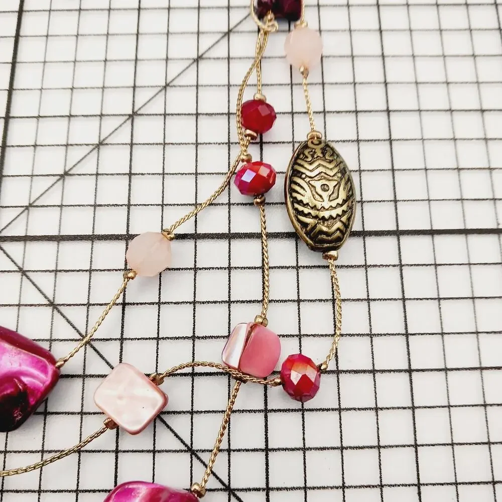 Necklace Multi Strand Pink Shell Bead Gold Tone Statement Resort Y2K Coquette